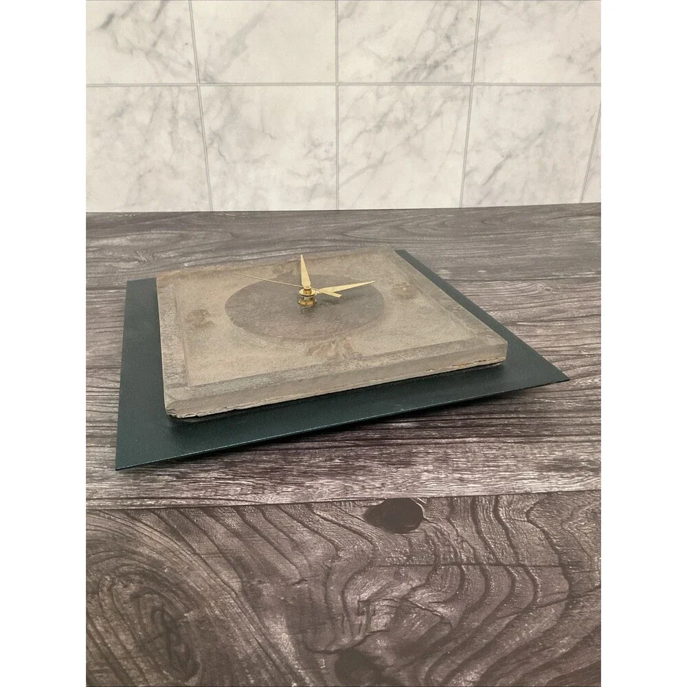 Rustic Slate,metal Clock W/ Green Border, Brownish Face,gold Brass Clock Hands
